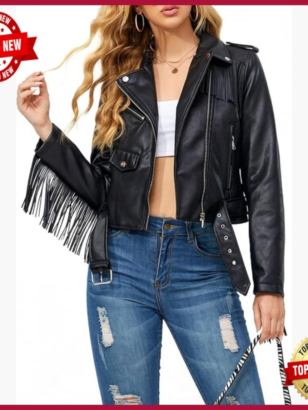Short Faux Leather Moto Jacket with Tassel Trim and Belt